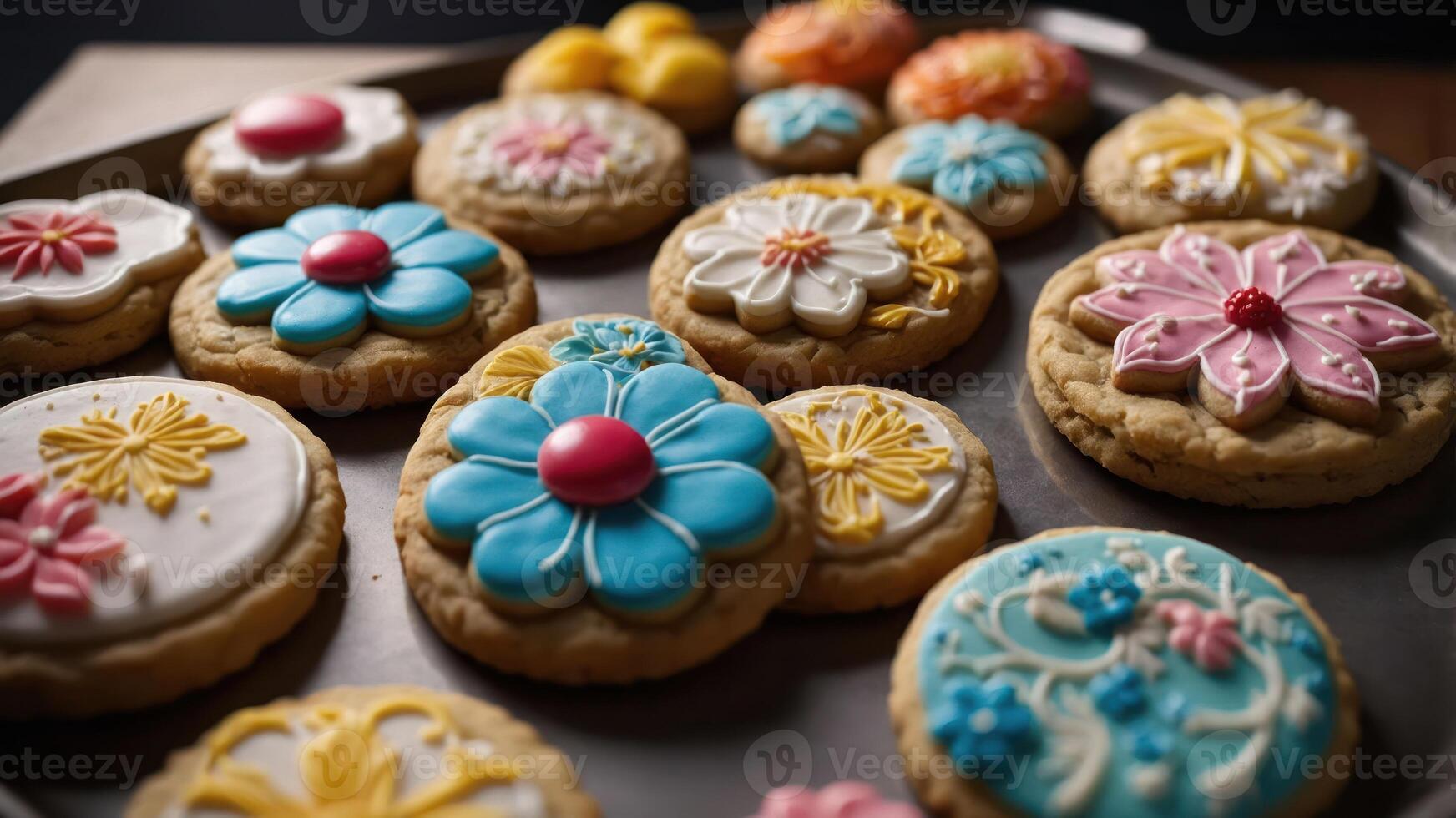 A tray of beautifully decorated cookies featuring floral designs in vibrant colors. photo