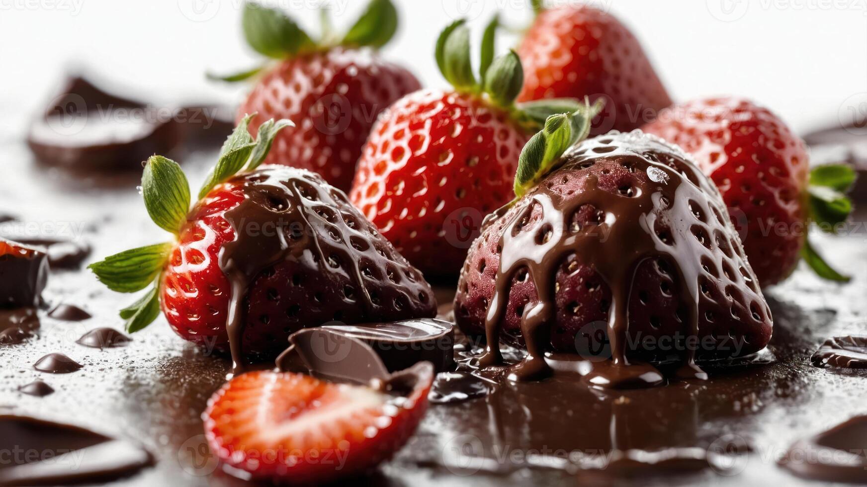 Fresh strawberries drizzled with rich chocolate on a dark surface, evoking indulgence. photo