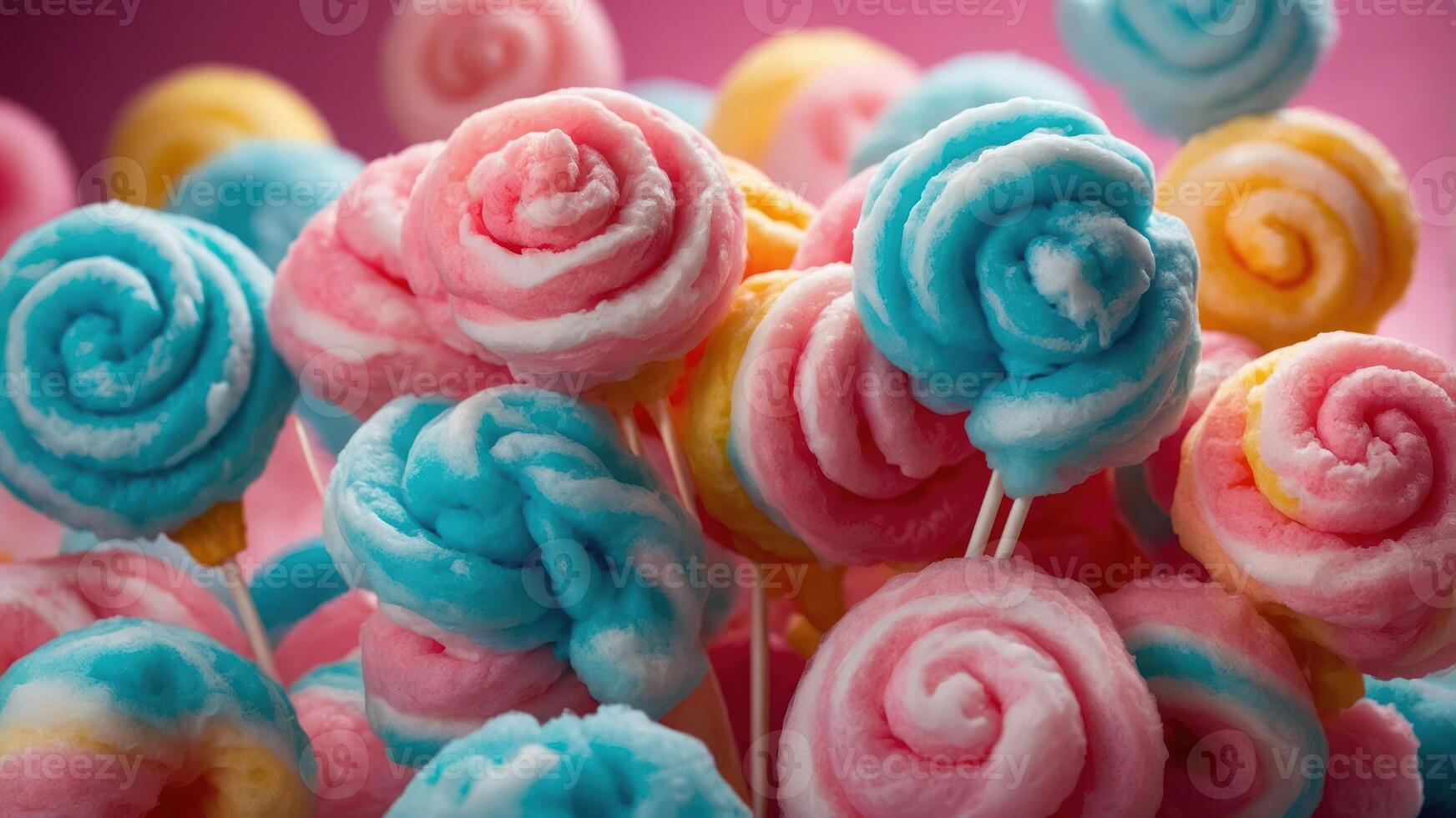 A colorful display of cotton candy swirls on sticks, perfect for celebrations and fairs. photo