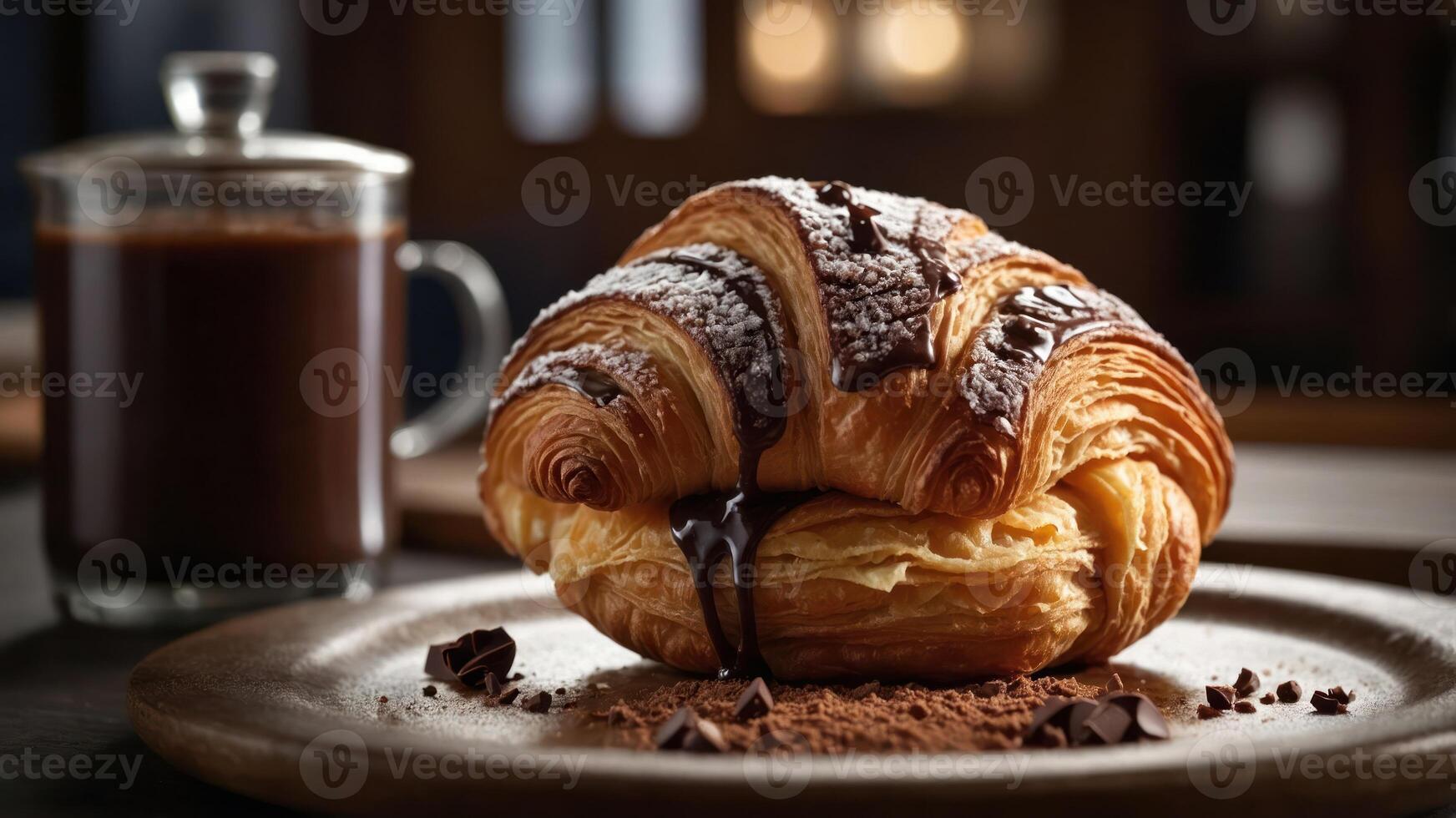 A delicious chocolate croissant served on a plate with a cup of coffee in a cozy setting. photo