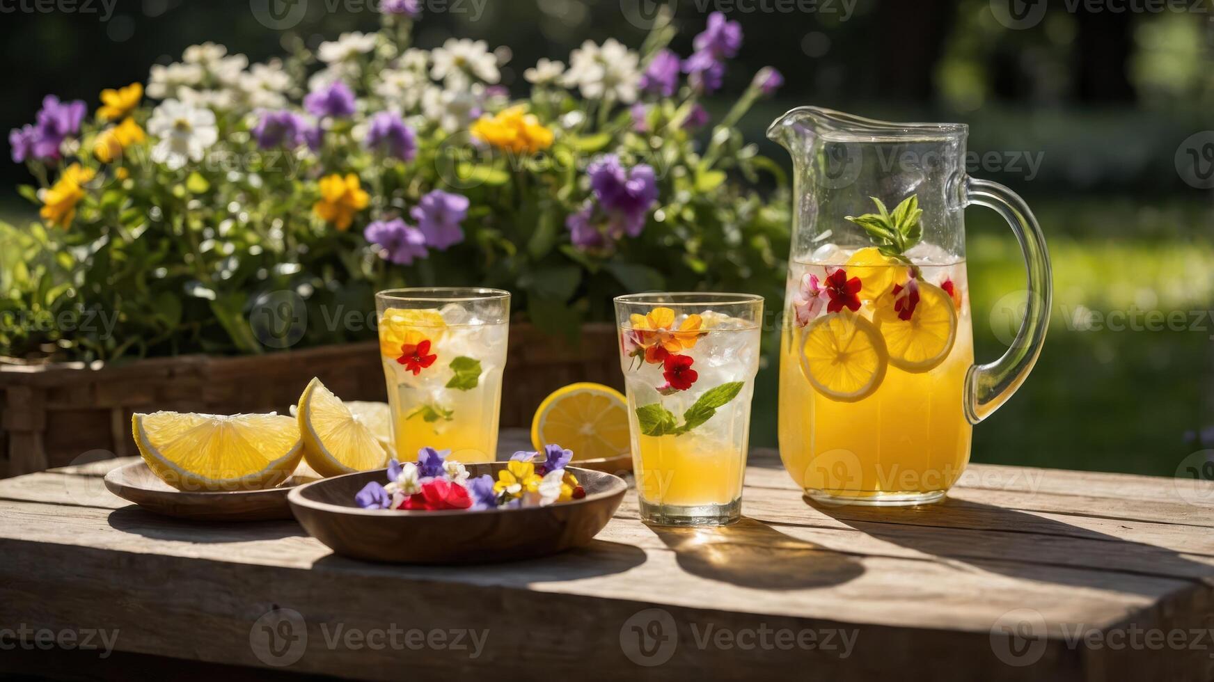 Refreshing drinks with flowers and lemons on a wooden table, surrounded by colorful blooms. photo