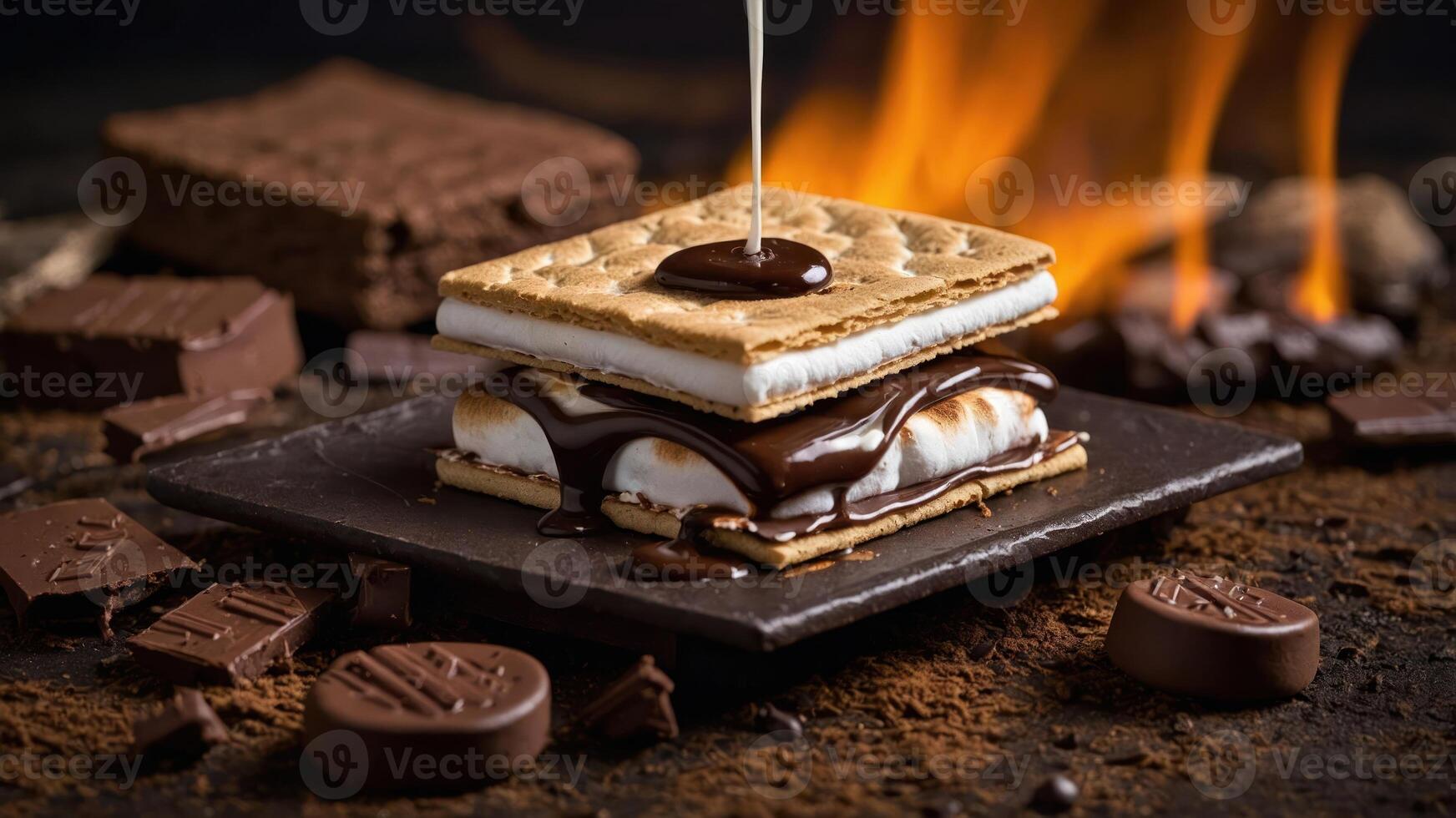 A delicious s'more with melted chocolate and toasted marshmallow, set against a warm backdrop. photo