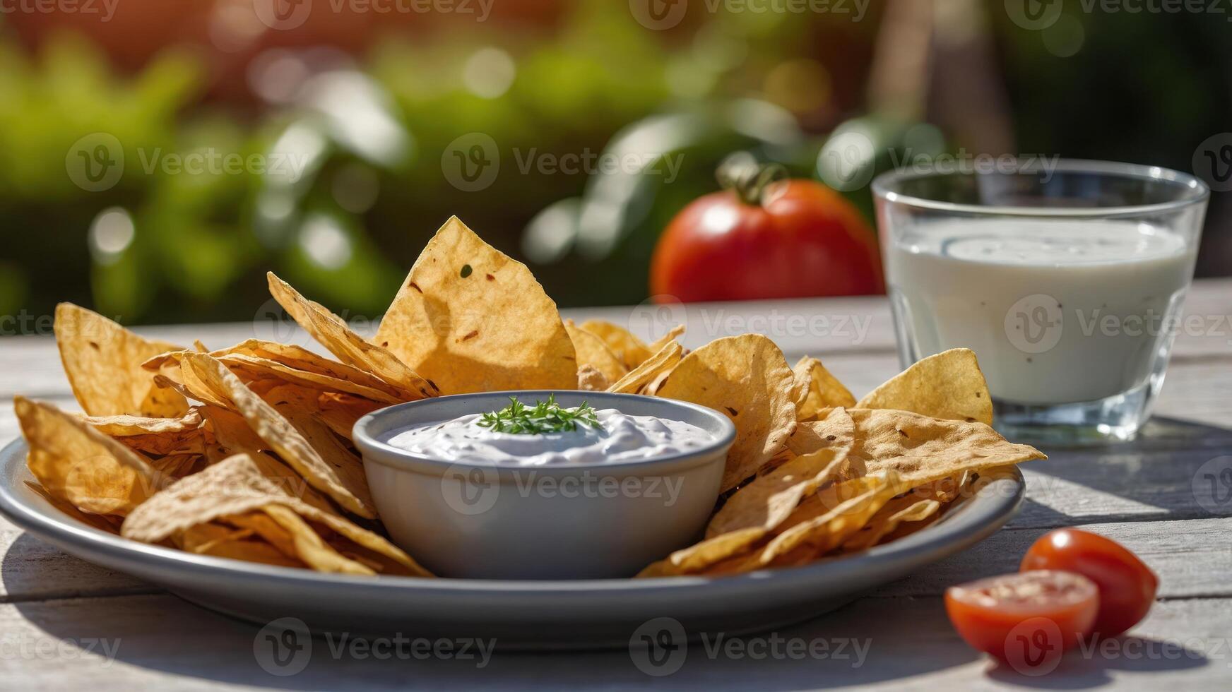 A plate of crispy tortilla chips served with a creamy dip and cherry tomatoes. photo