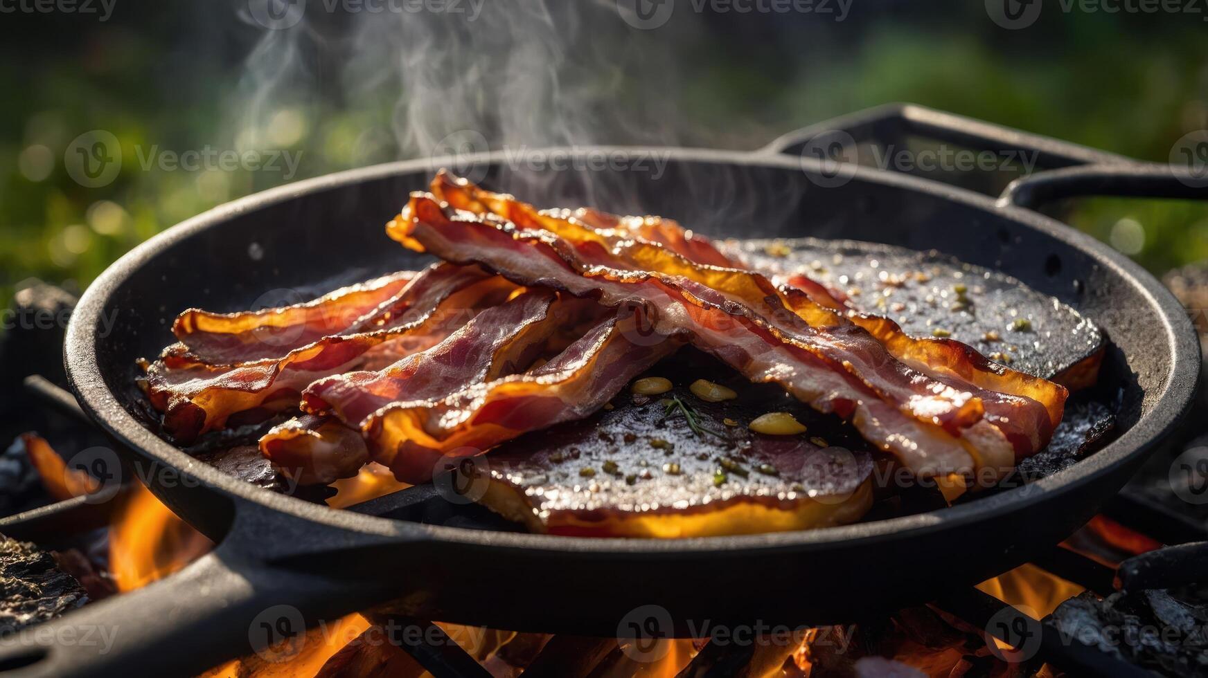 Sizzling bacon cooking in a pan over an open fire outdoors. photo