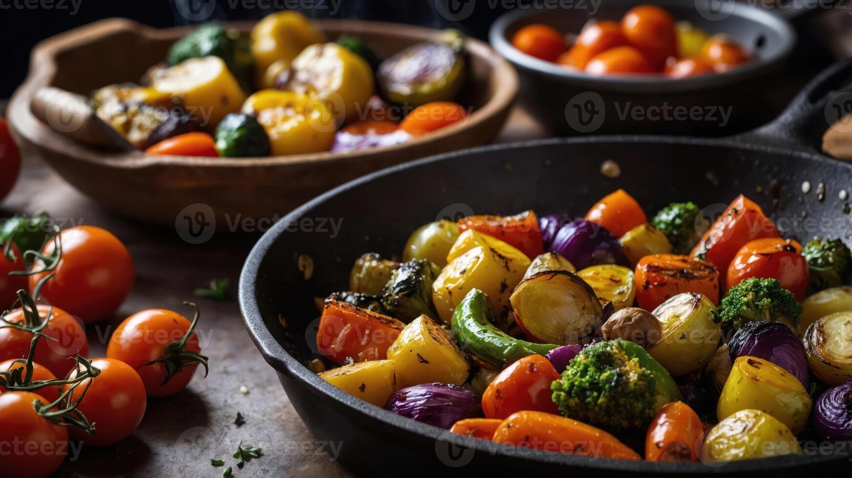 A colorful assortment of roasted vegetables in a skillet, showcasing healthy cooking. photo