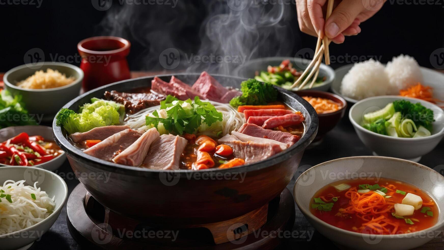 A steaming pot of hot pot with various meats, vegetables, and side dishes for sharing. photo
