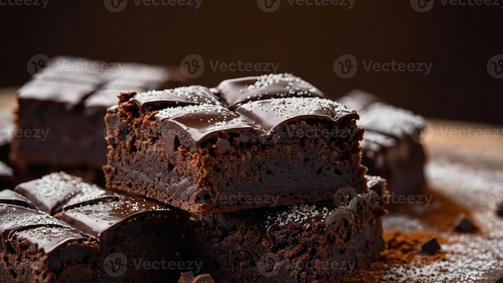 Delicious chocolate brownies topped with a glossy layer and dusted with powdered sugar. photo