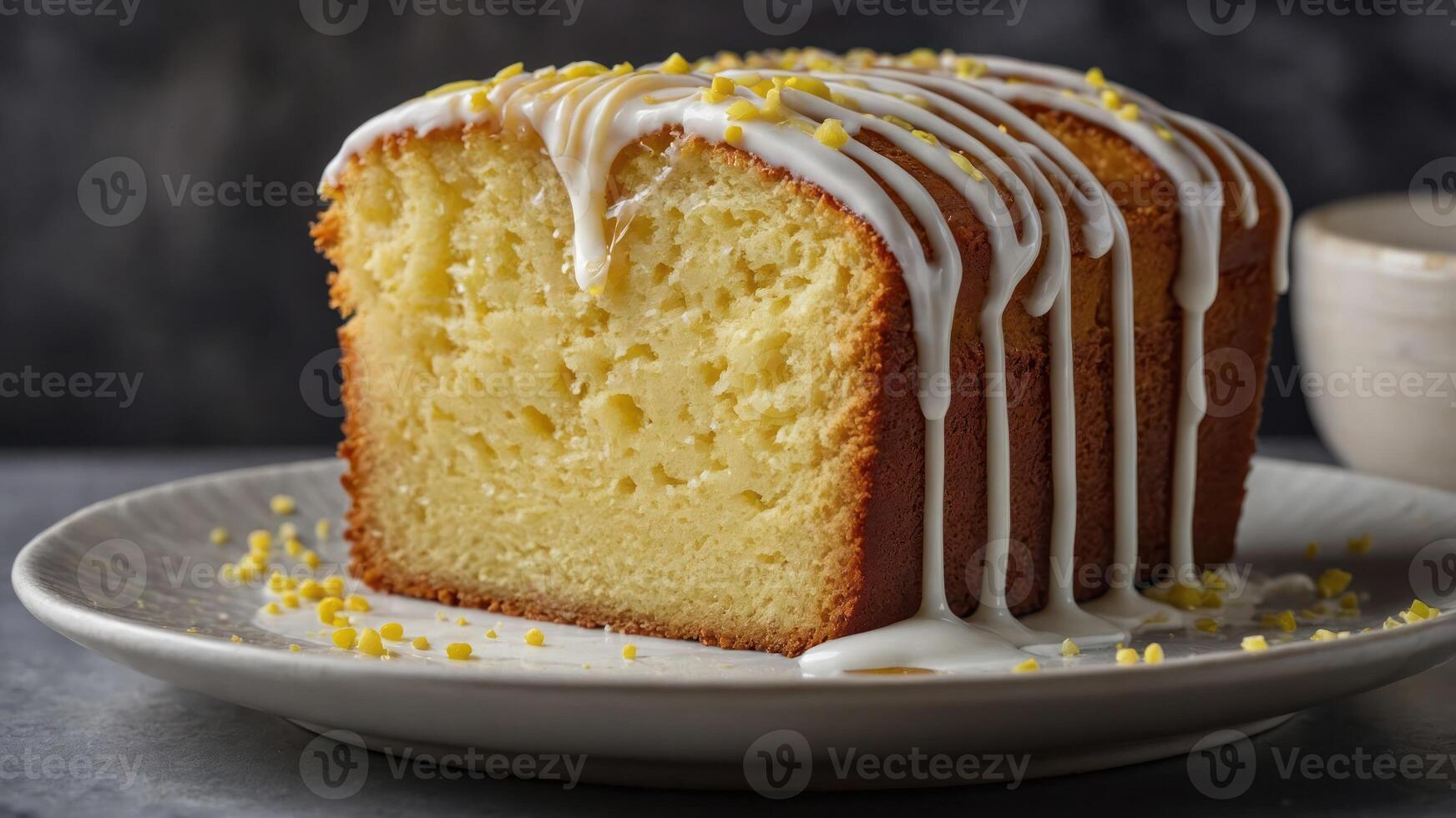 A slice of moist cake drizzled with icing, garnished with yellow sprinkles on a plate. photo