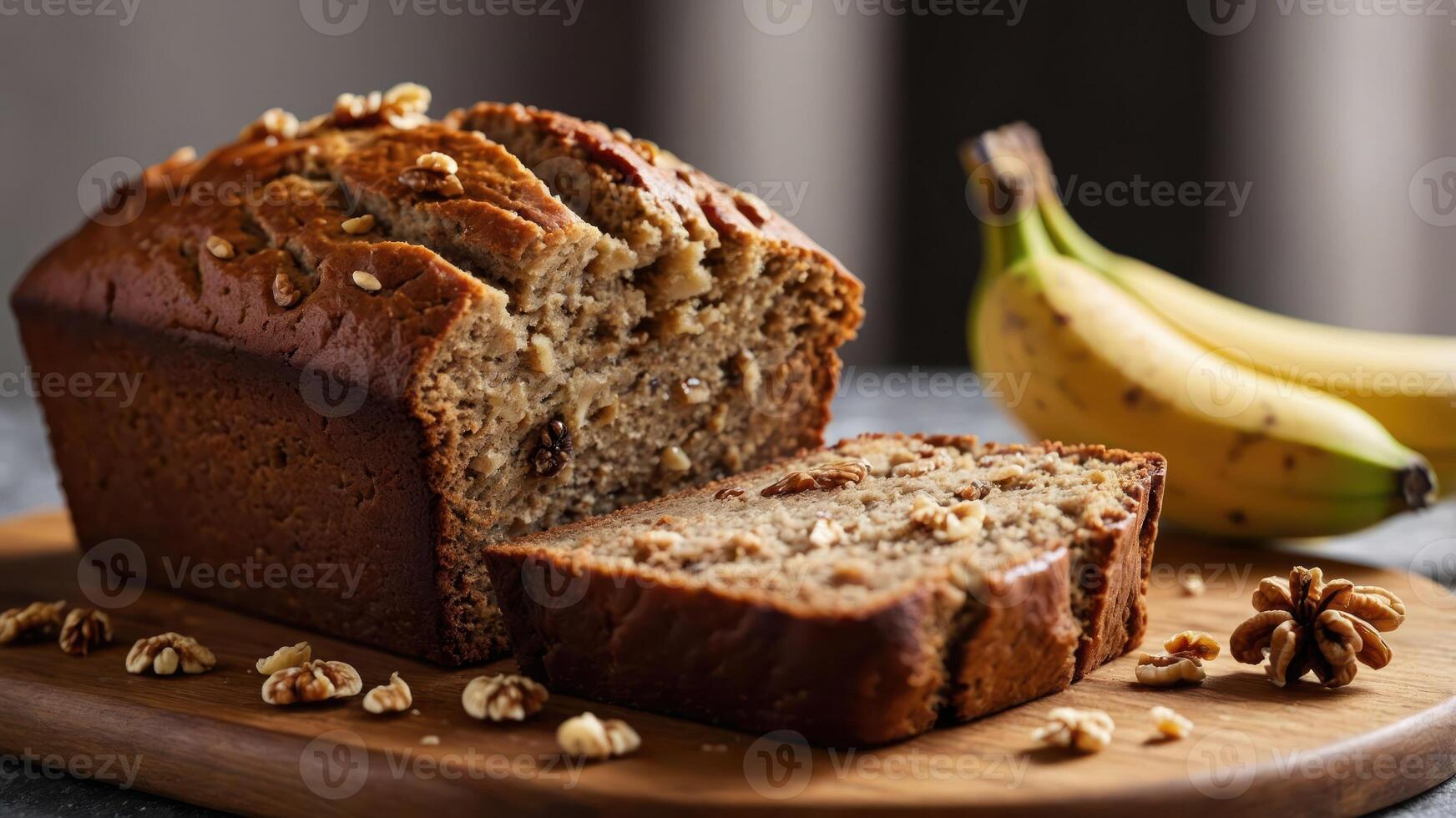 A freshly baked loaf of banana bread, sliced and served on a wooden board with bananas. photo