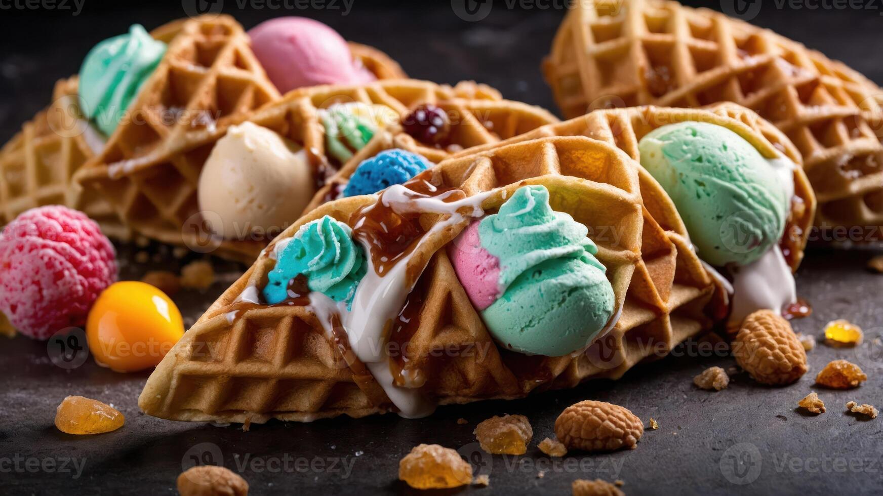 A delicious assortment of colorful ice cream scoops served in waffle cones. photo