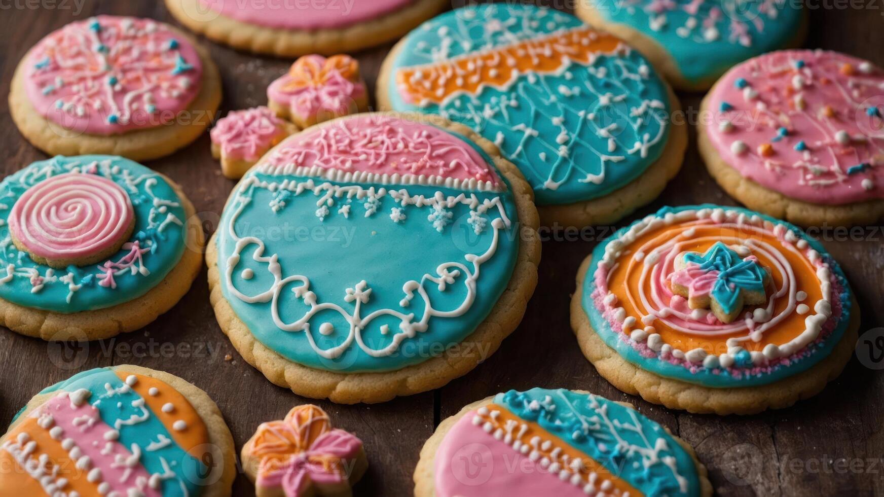 A colorful assortment of decorated cookies with intricate icing designs. photo
