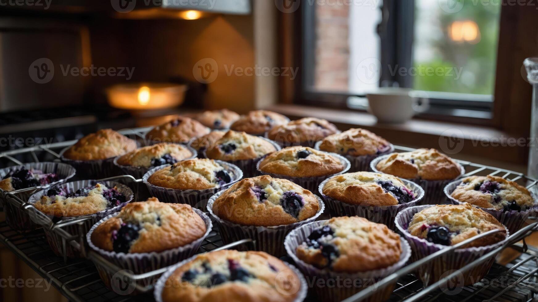 A tray of freshly baked blueberry muffins cooling on a rack in a cozy kitchen setting. photo