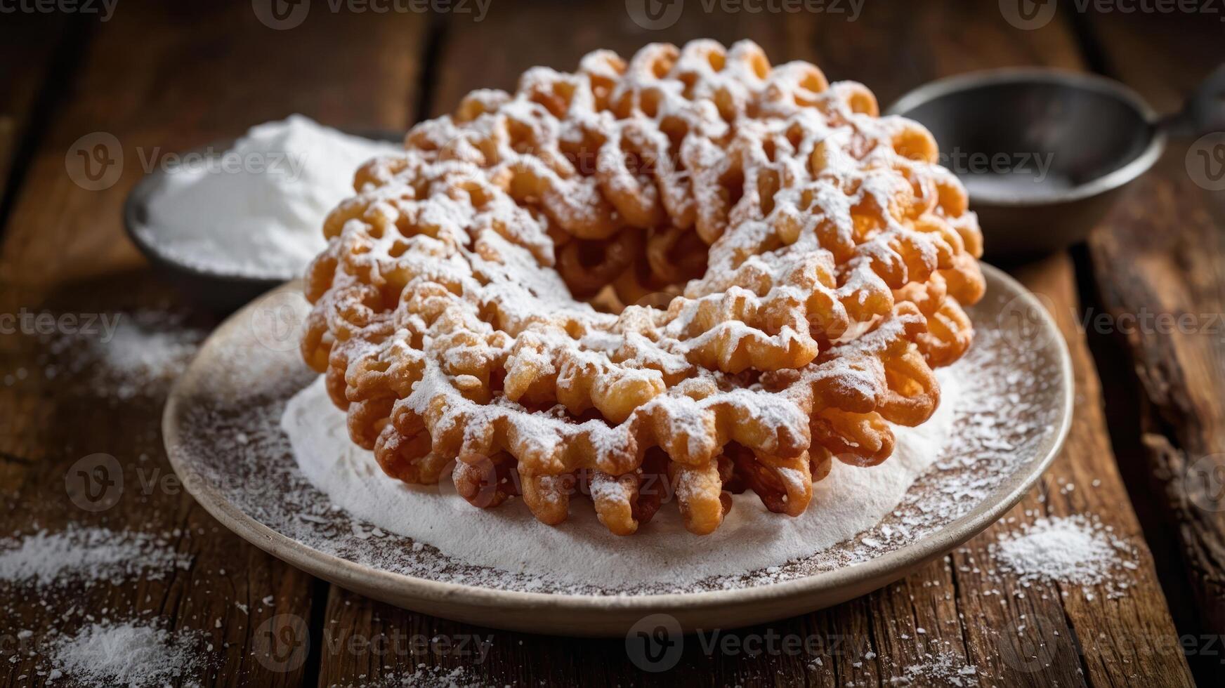 A delicious funnel cake dusted with powdered sugar on a rustic wooden table. photo