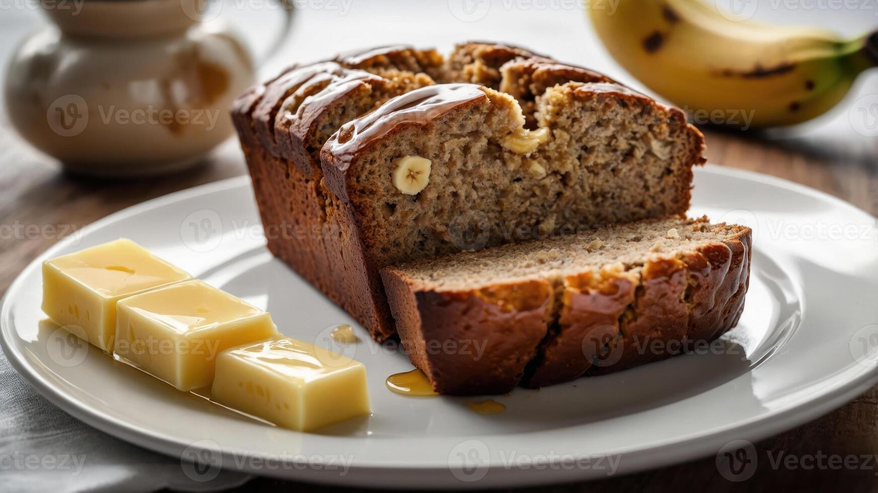 A slice of banana bread drizzled with honey, served with butter on a plate. photo