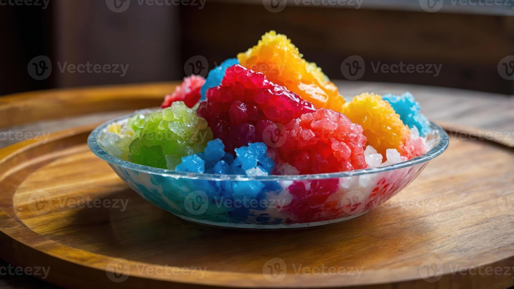 A colorful bowl of shaved ice dessert topped with various vibrant syrups. photo