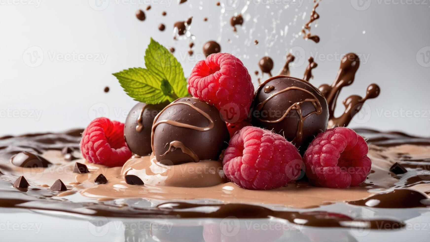 A delicious arrangement of chocolate truffles and raspberries with a splash of chocolate sauce. photo