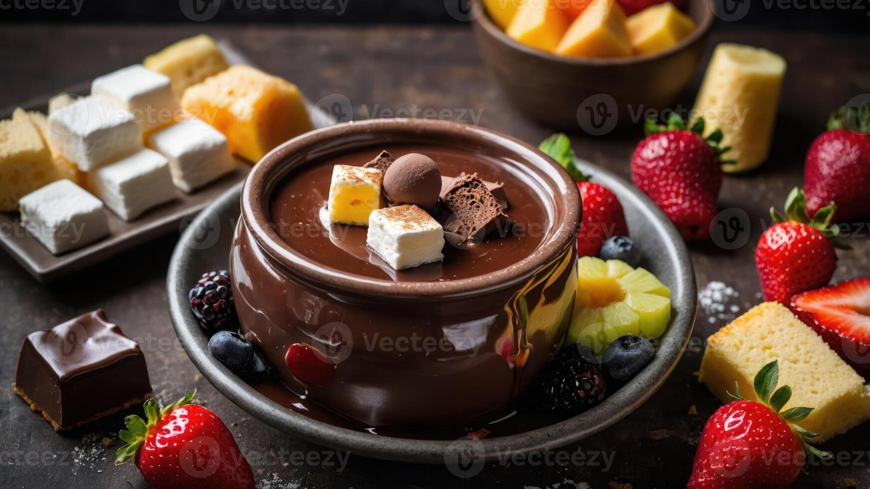 A delicious chocolate fondue surrounded by fruits, cakes, and marshmallows for dipping. photo