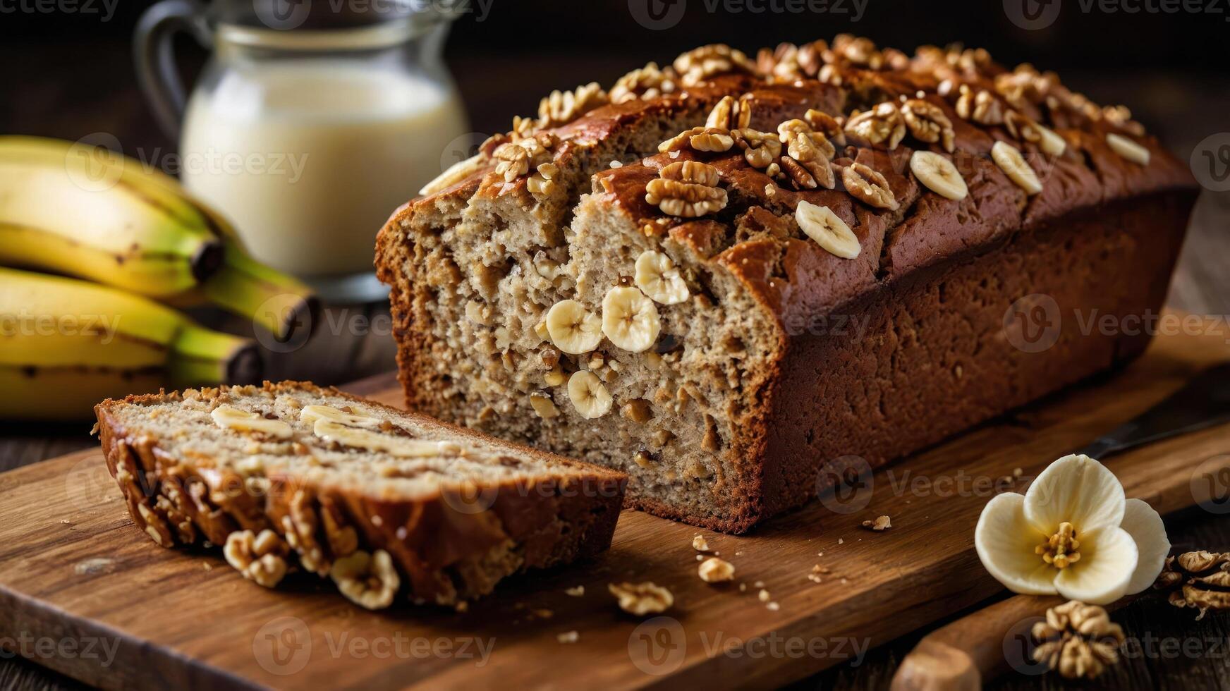 A sliced loaf of banana bread topped with nuts, accompanied by bananas and a jar of cream. photo