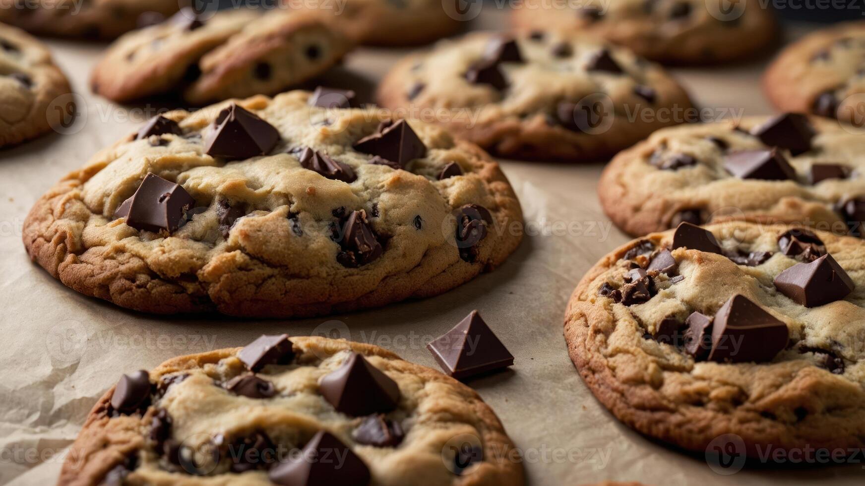Freshly baked chocolate chip cookies on parchment paper, showcasing their gooey texture and chunks. photo