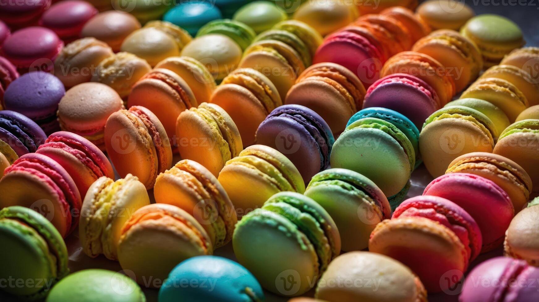 A colorful array of macarons arranged in a vibrant pattern. photo
