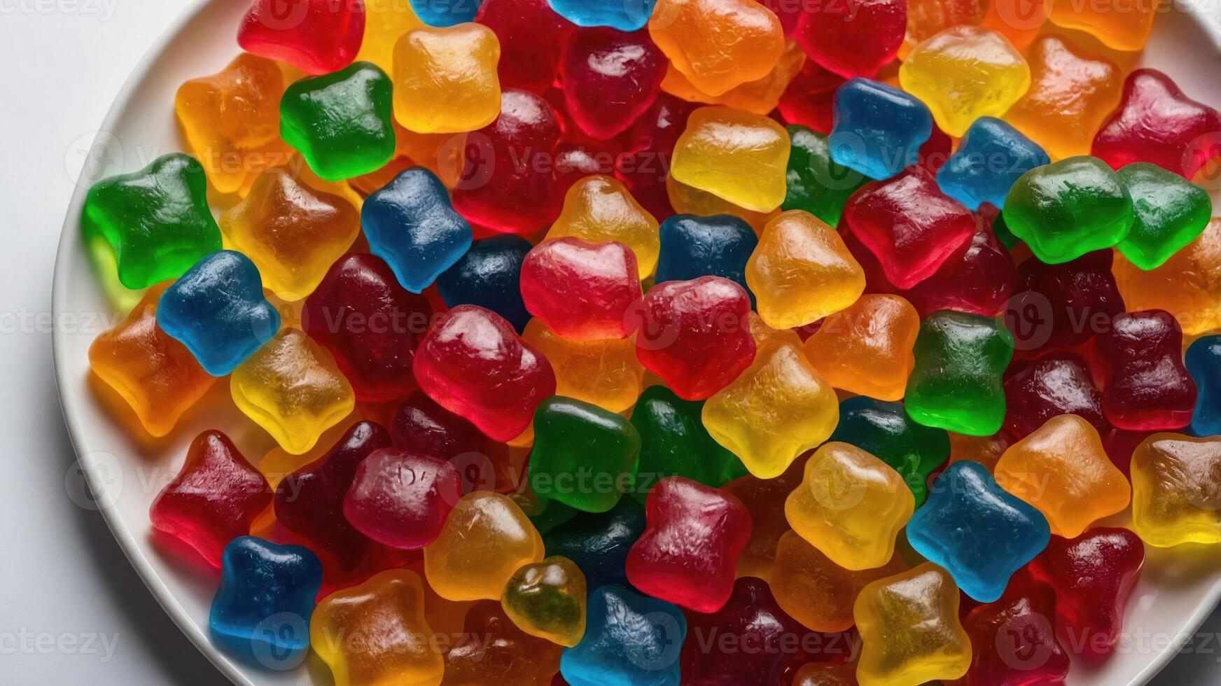A colorful assortment of gummy candies displayed on a plate. photo