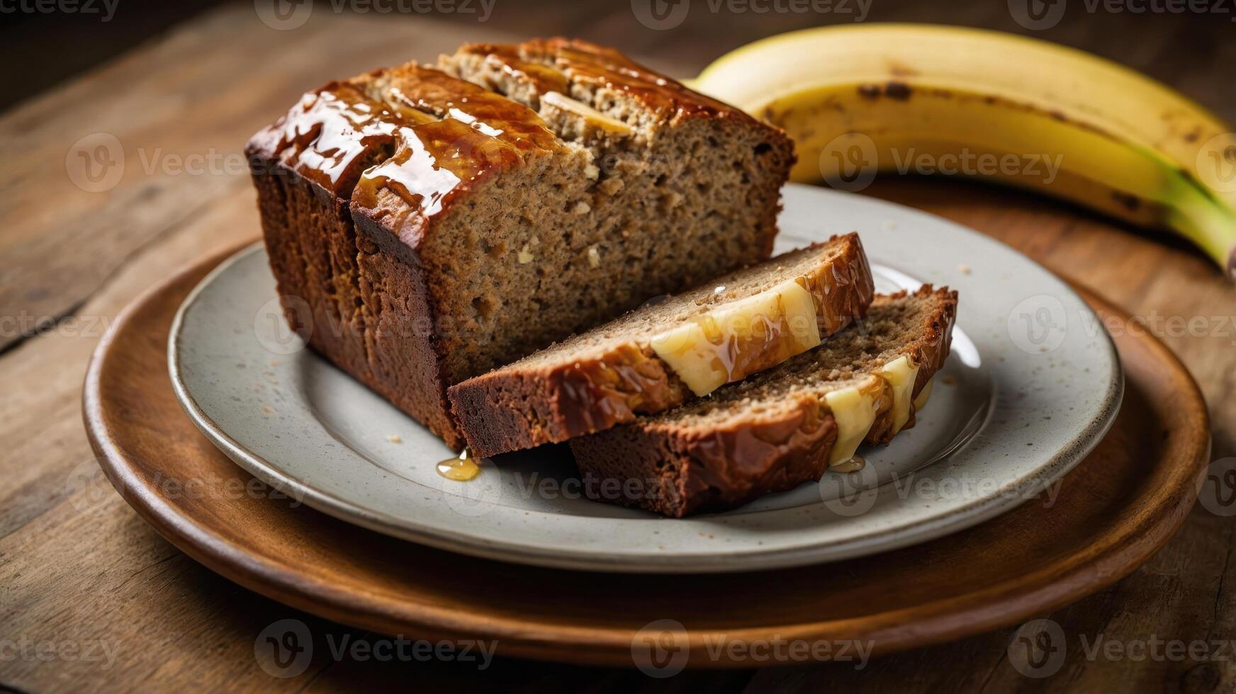 A loaf of banana bread with slices drizzled in syrup, accompanied by a banana. photo