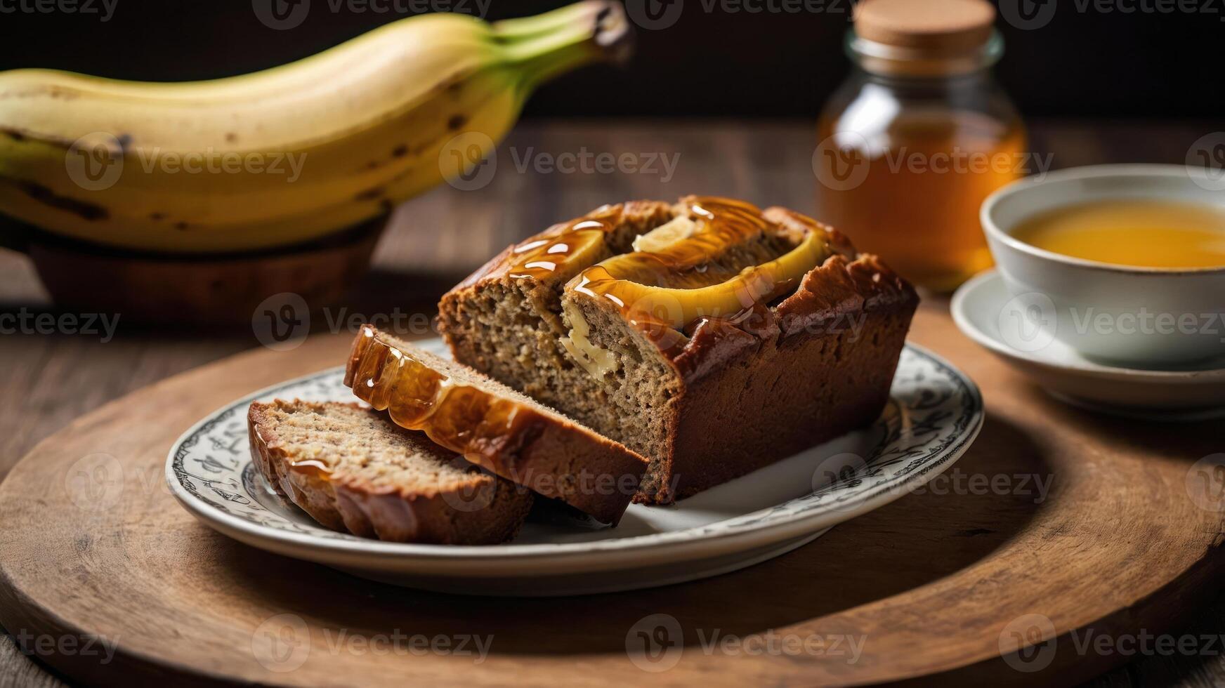 A slice of banana bread on a plate, accompanied by bananas and honey in the background. photo