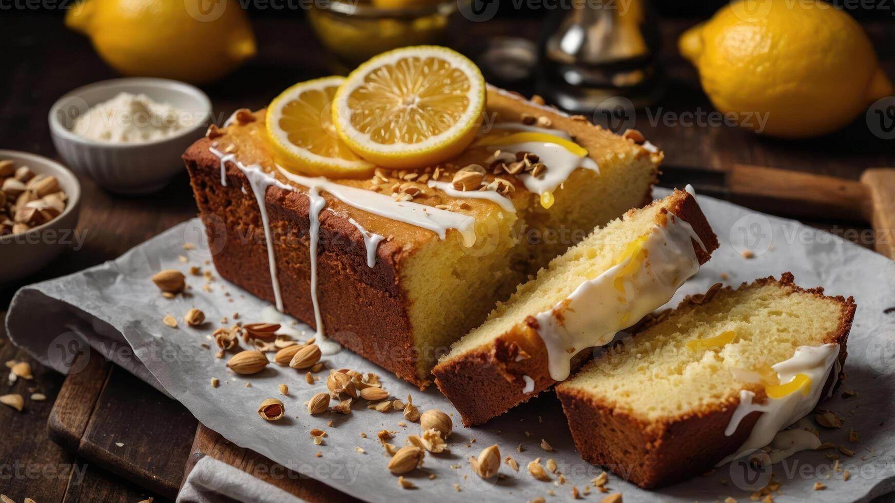 A delicious lemon loaf cake garnished with lemon slices and nuts, perfect for dessert. photo