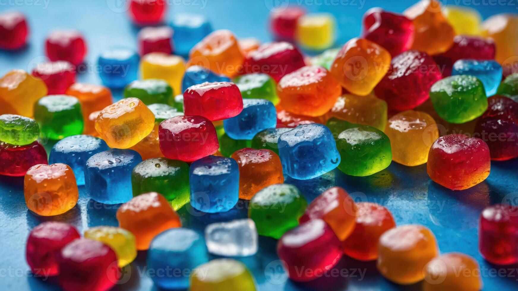A colorful assortment of gummy candies scattered on a surface. photo