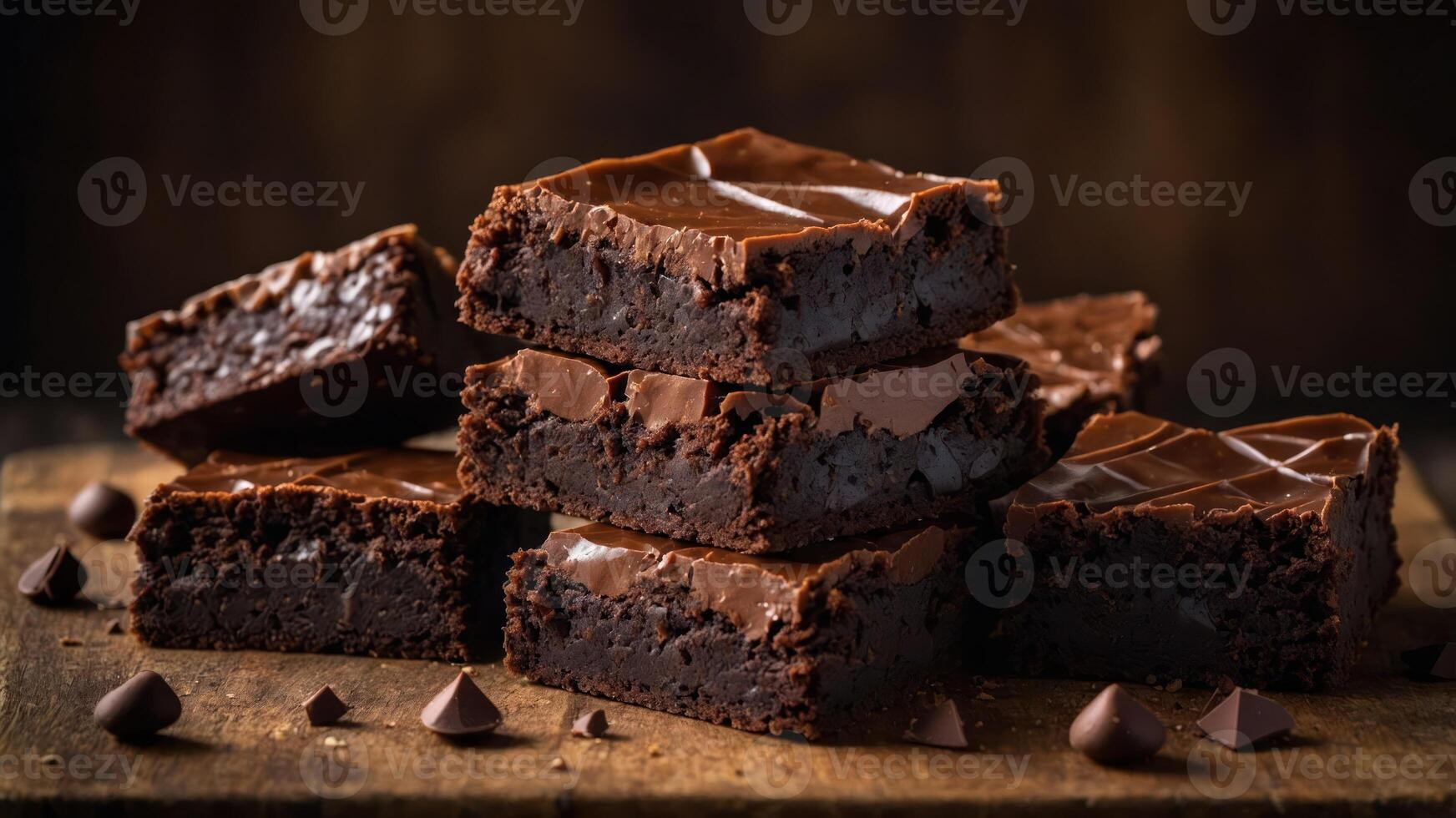 A tempting stack of rich chocolate brownies on a wooden surface. photo