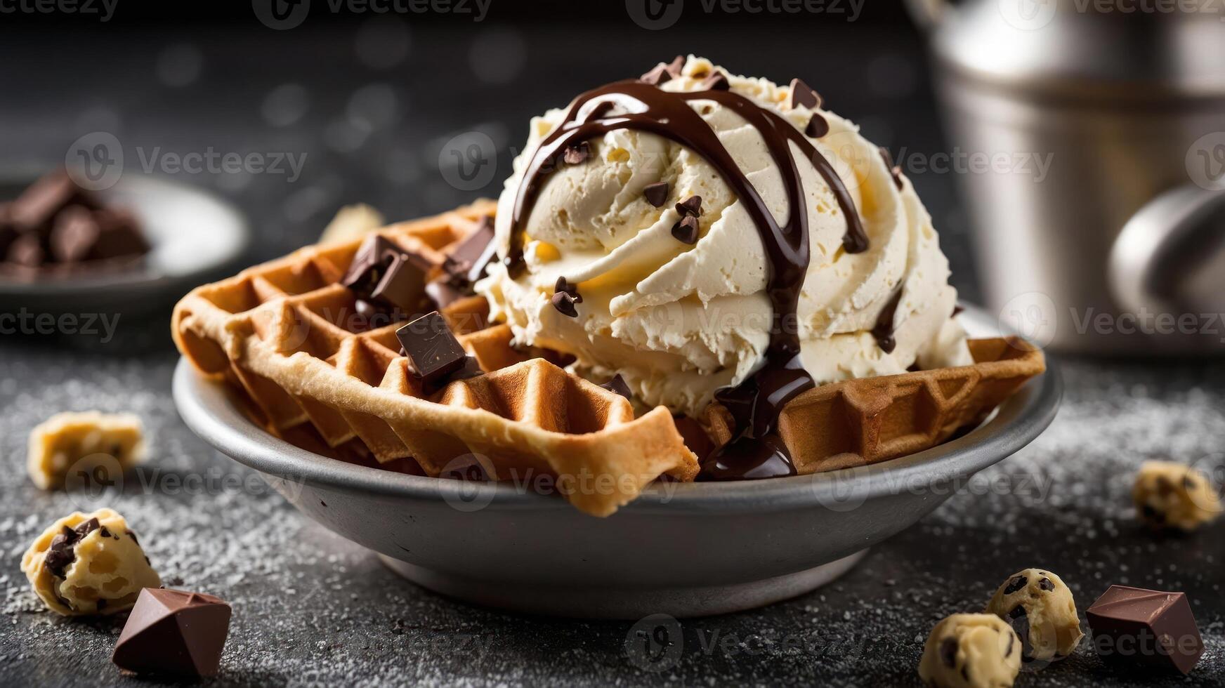 A delicious bowl of waffle cones topped with ice cream, chocolate sauce, and cookie dough pieces. photo