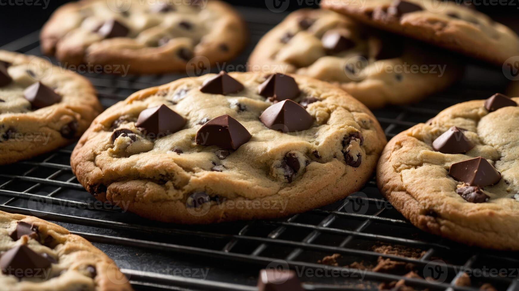 A close-up of freshly baked chocolate chip cookies on a cooling rack. photo