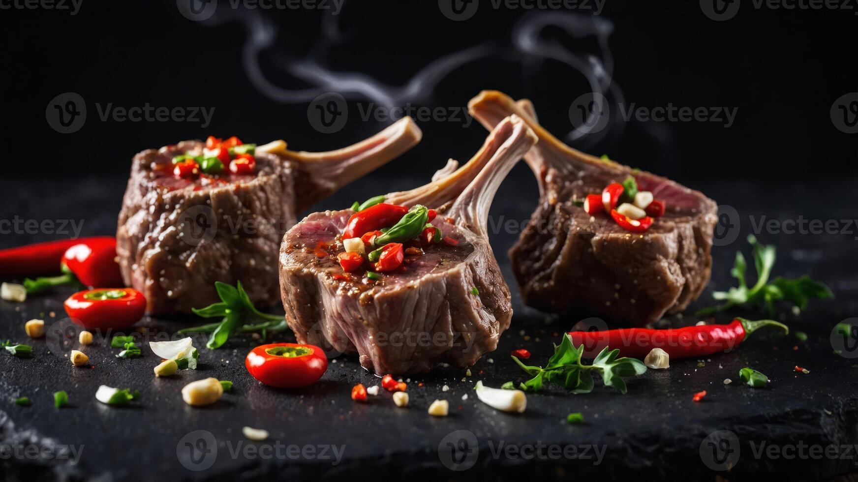 Three beautifully plated lamb chops garnished with herbs and chili on a dark stone surface. photo
