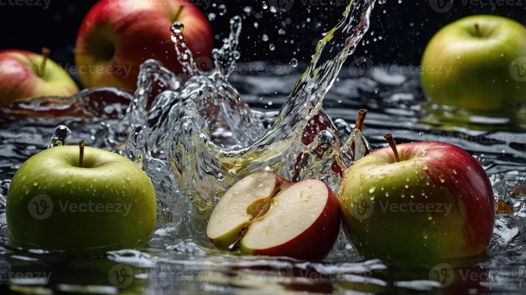 Fresh apples splashing in water, showcasing vibrant colors and textures. photo