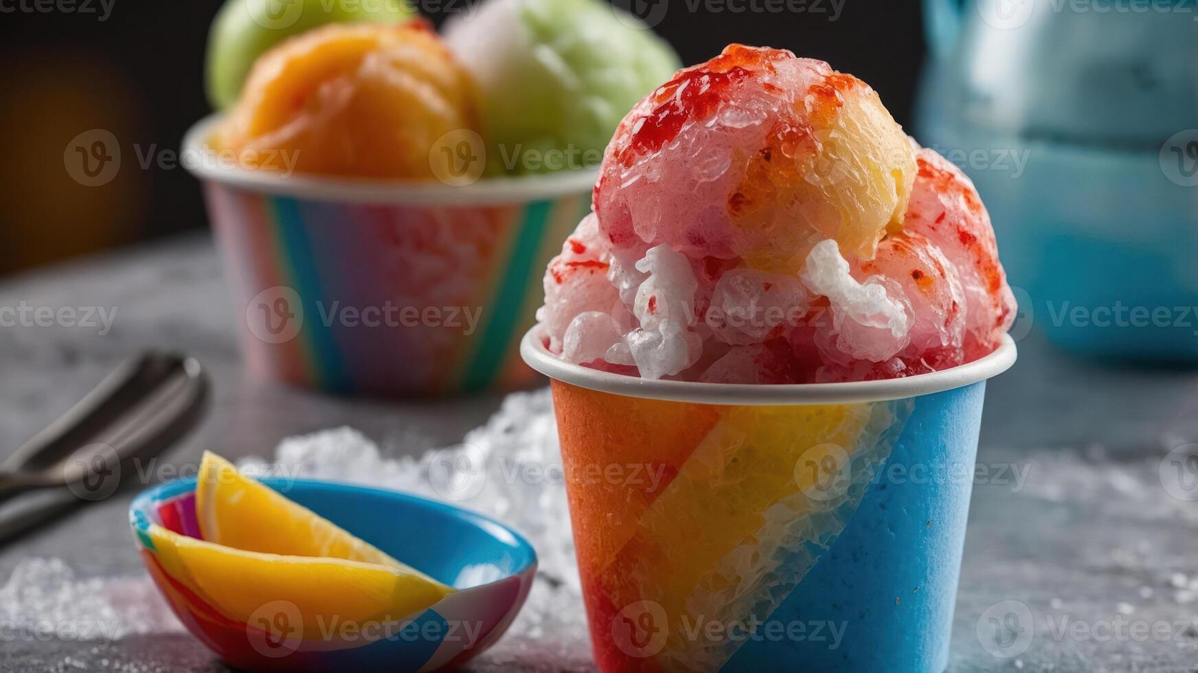 Colorful shaved ice cups with fruity flavors and lemon slices, perfect for refreshing treats. photo