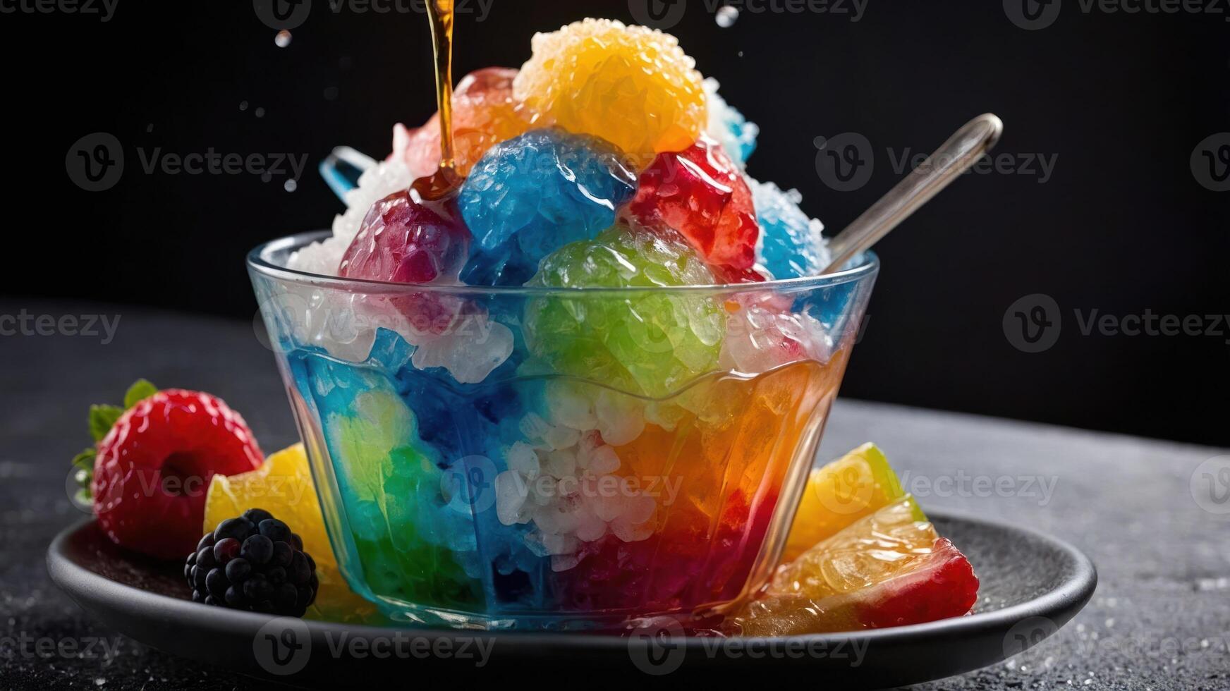 A colorful bowl of jello and shaved ice topped with syrup and fruits. photo
