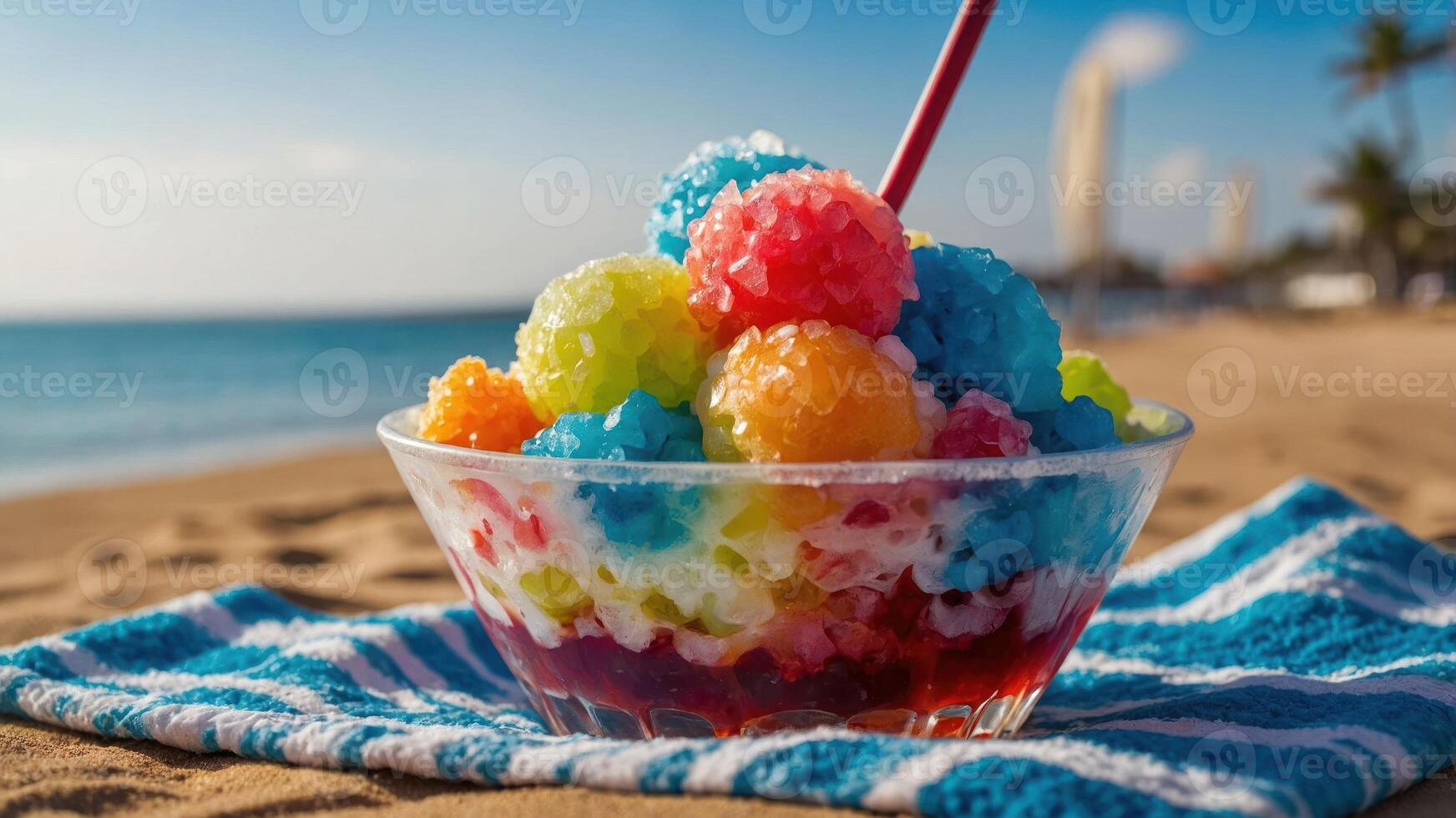 A colorful bowl of shaved ice on a beach, perfect for a refreshing treat. photo