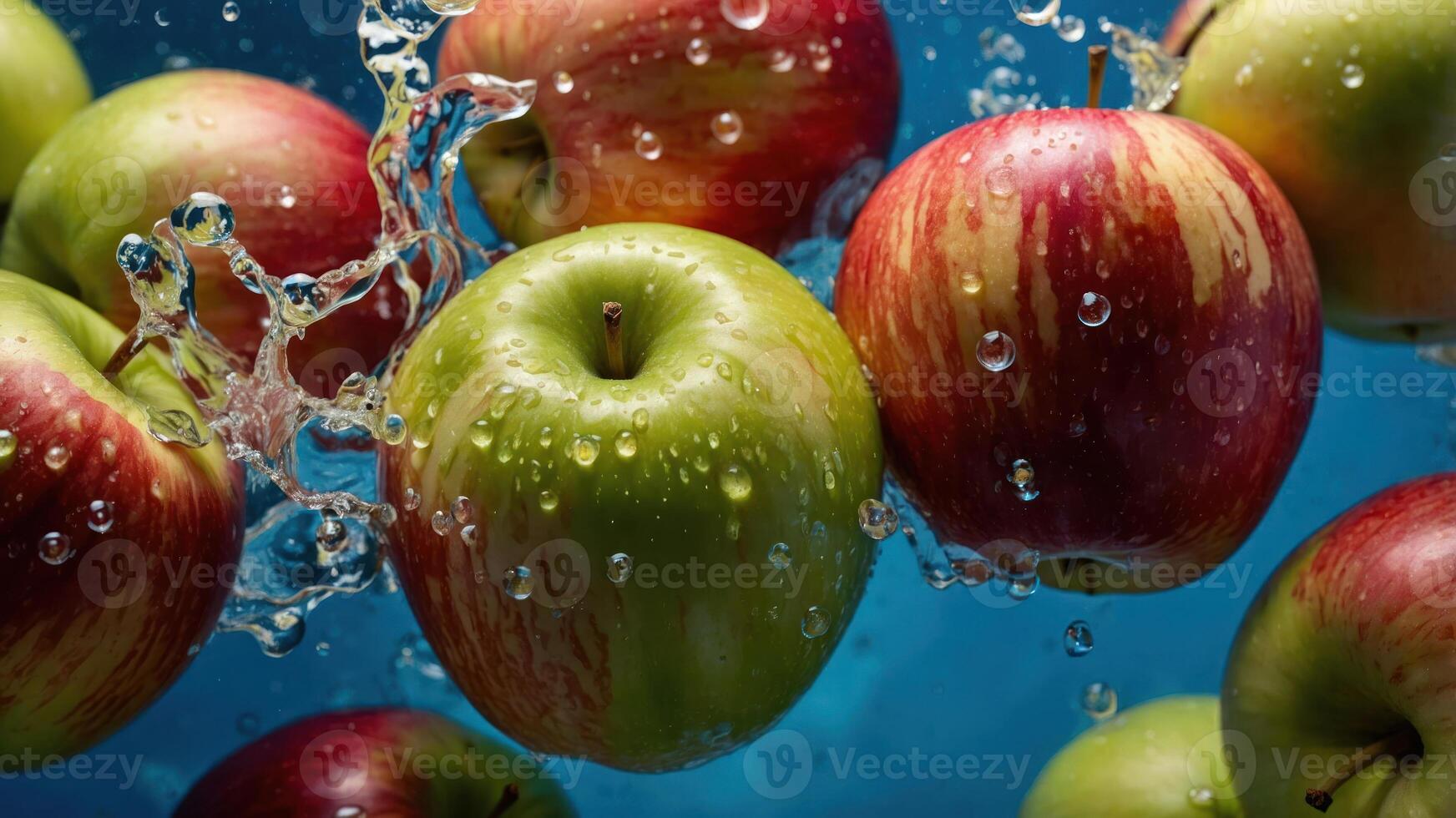 Fresh apples splashing in water, showcasing their vibrant colors and textures. photo
