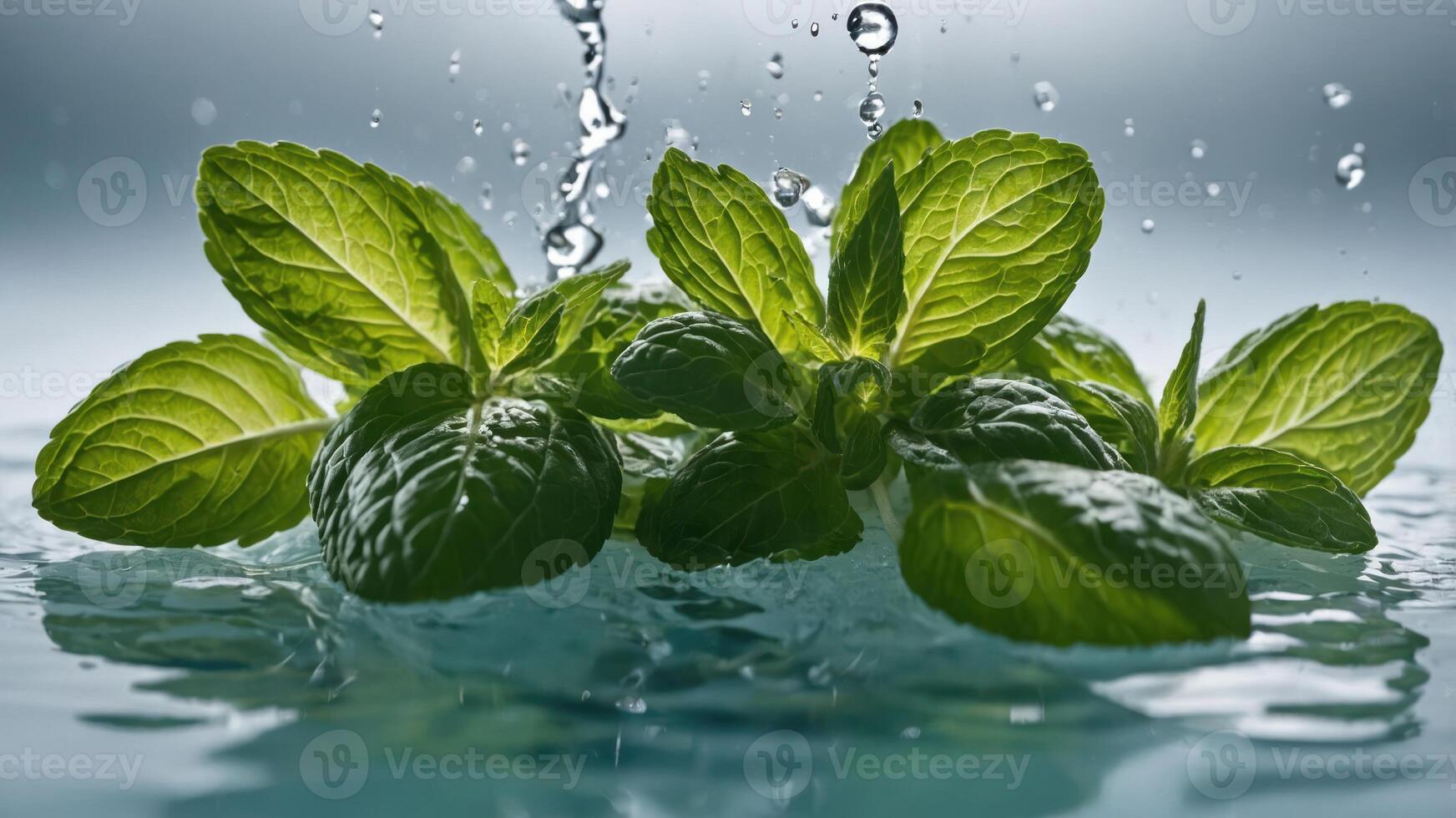 Fresh mint leaves submerged in water with splashes, highlighting freshness and vitality. photo