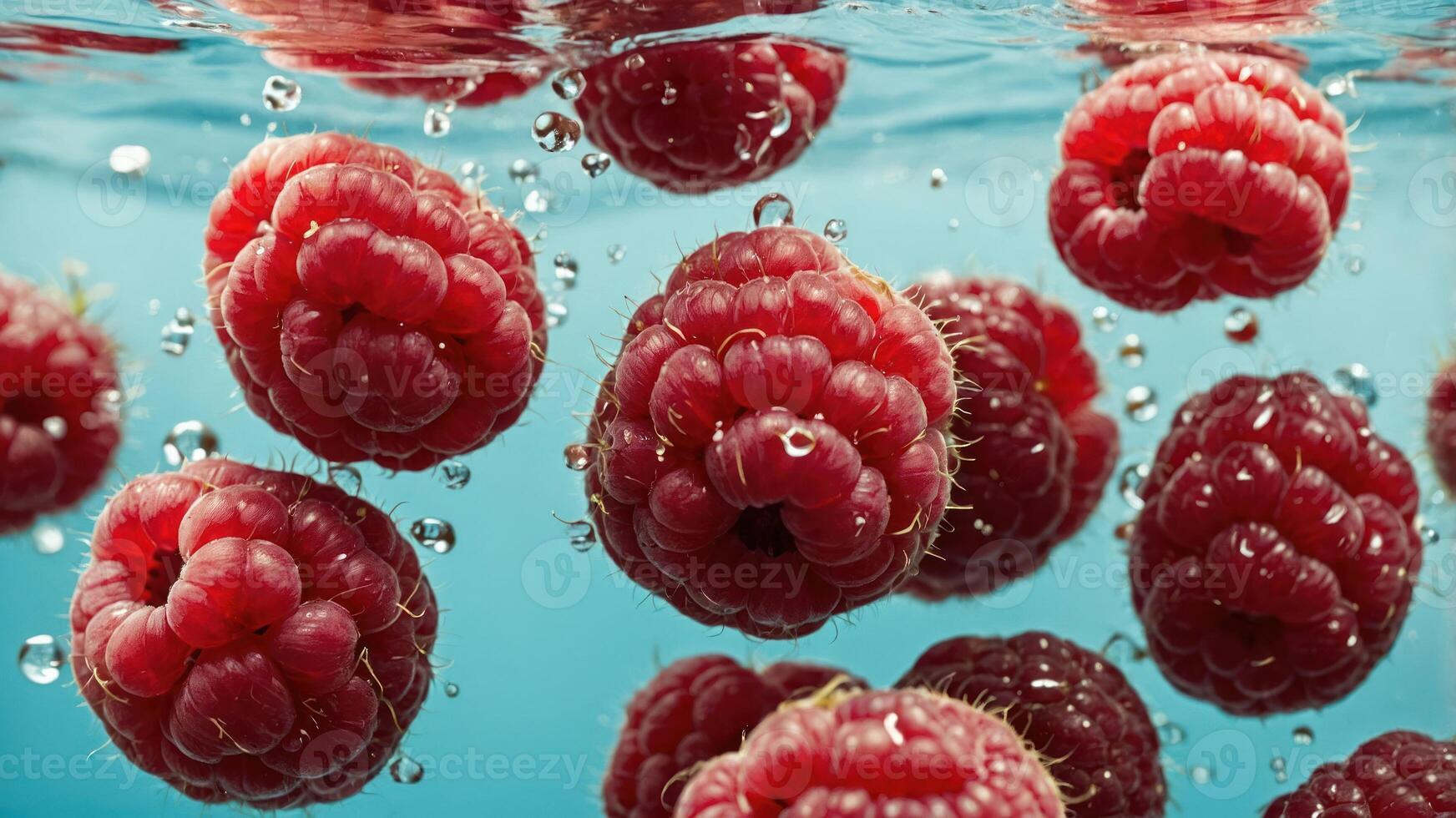 Fresh raspberries submerged in water with bubbles, showcasing their vibrant color and texture. photo