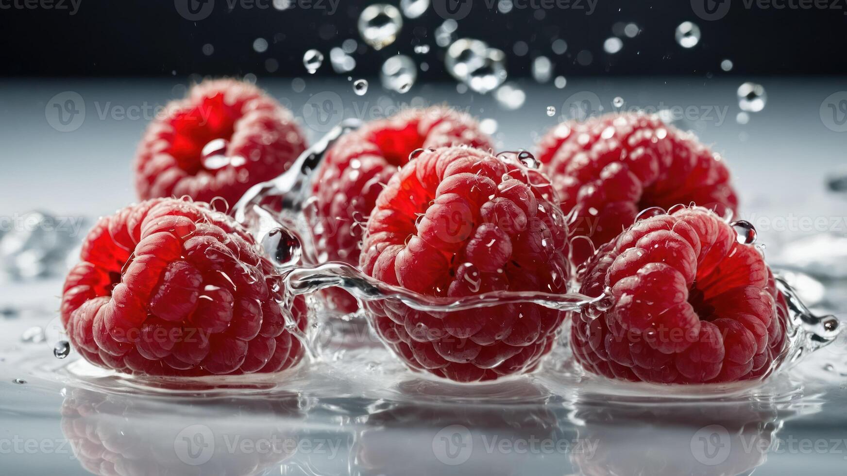 Fresh raspberries splashing in water, highlighting their vibrant color and texture. photo