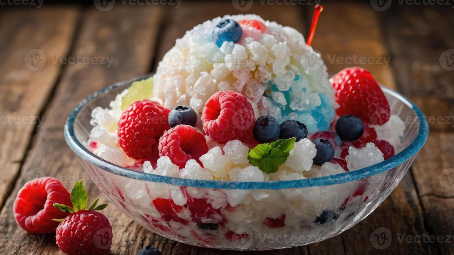 A colorful bowl of shaved ice topped with fresh berries and mint, perfect for a refreshing treat. photo