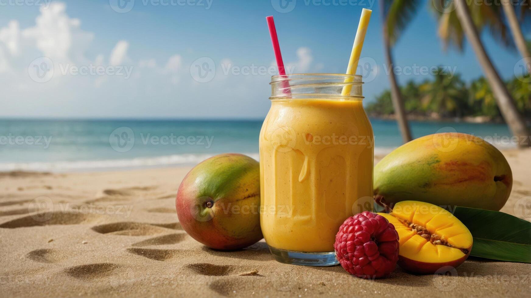 A refreshing mango smoothie on a sandy beach with tropical fruits and palm trees in the background. photo