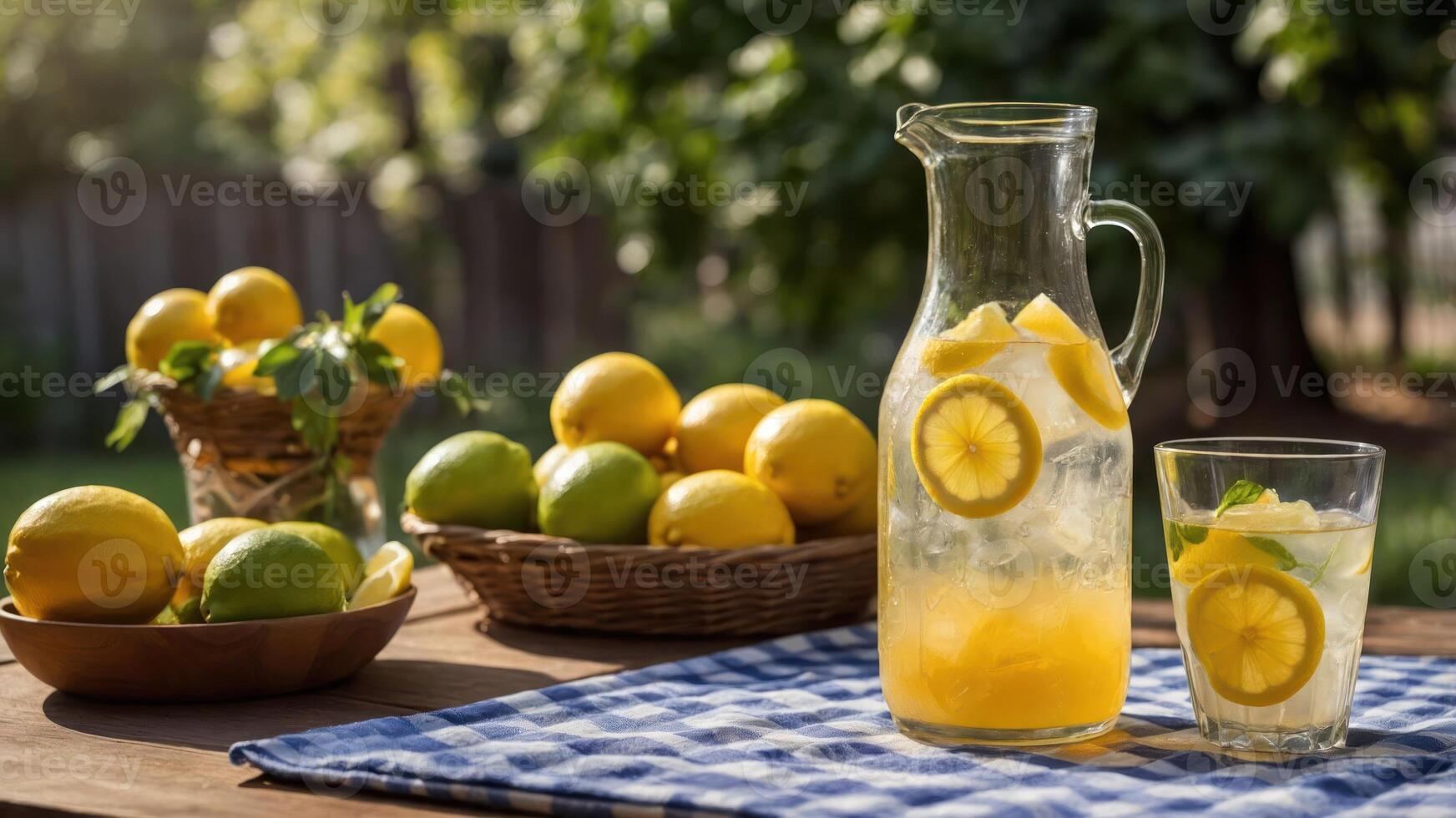 A refreshing pitcher of lemonade with lemons and limes, set outdoors on a sunny day. photo