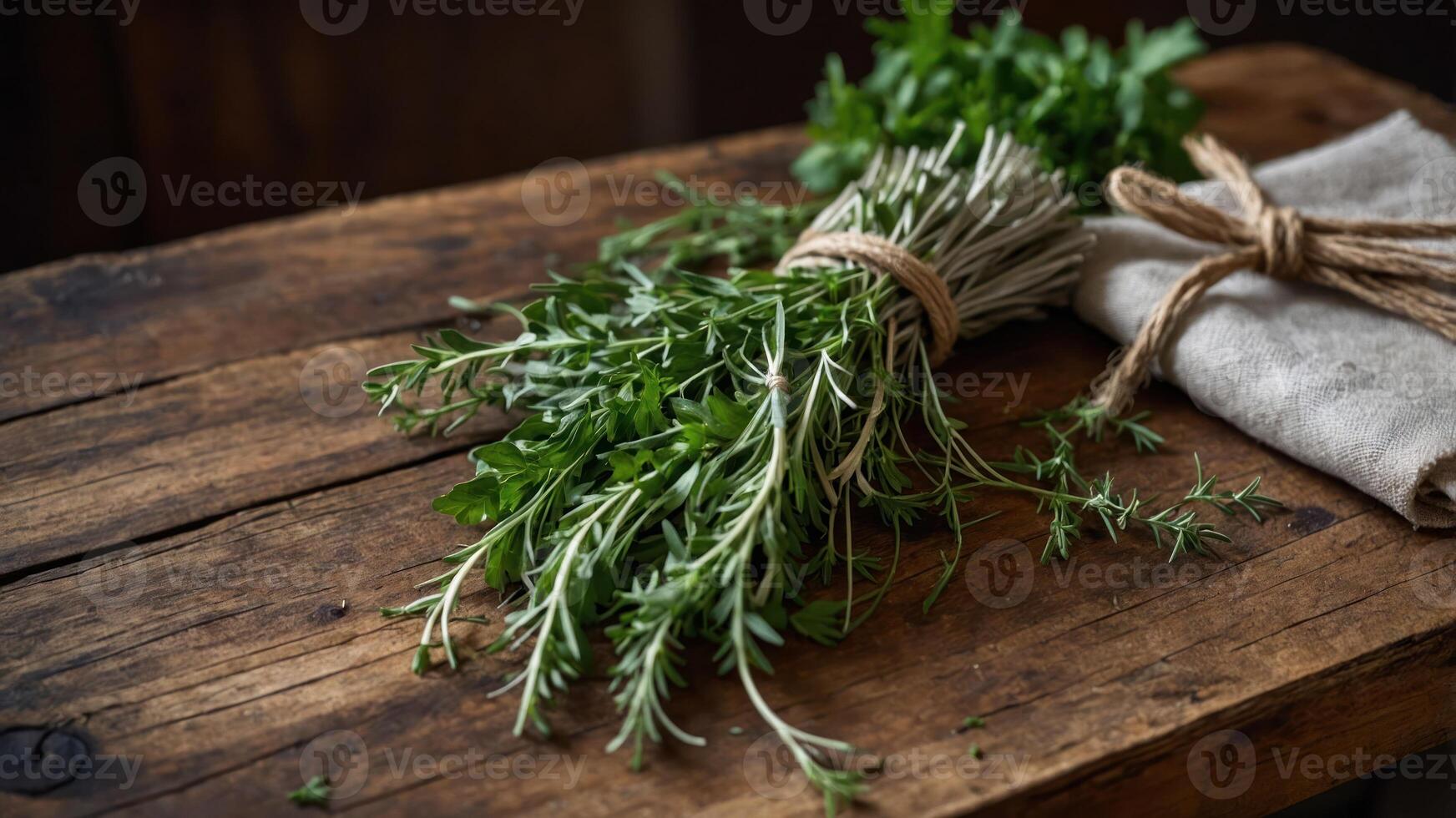 A bundle of fresh herbs on a wooden table, with a cloth napkin beside it. photo