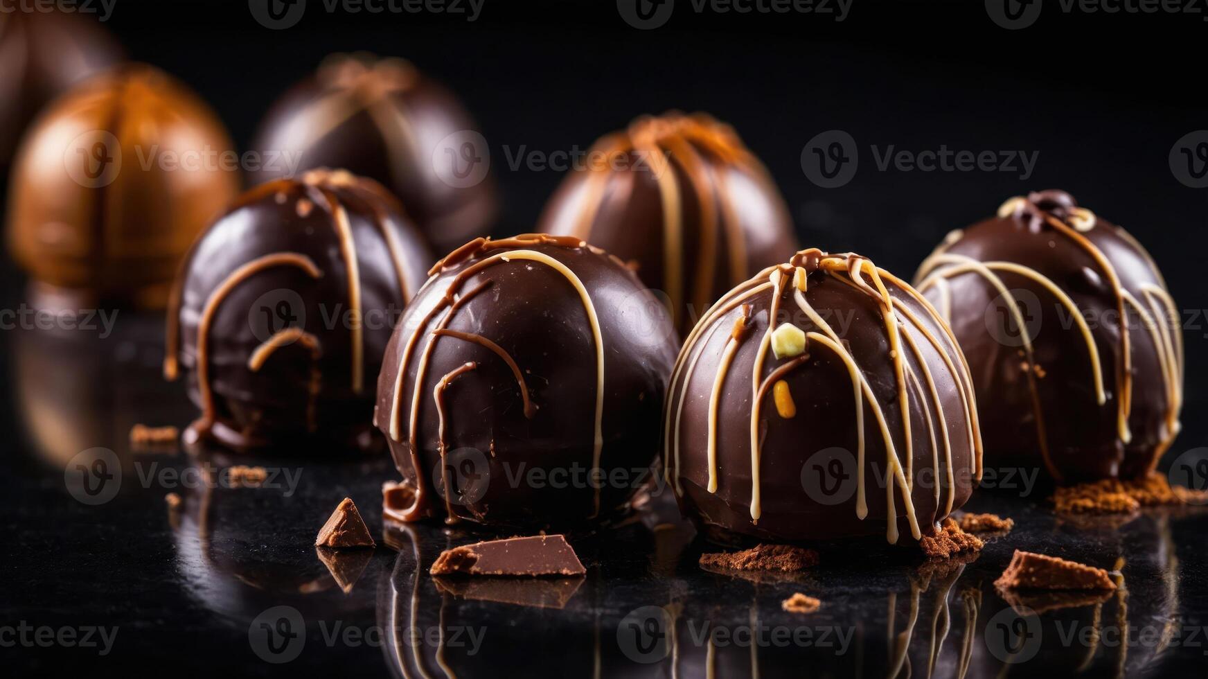 A collection of elegant chocolate truffles with decorative drizzles on a reflective surface. photo