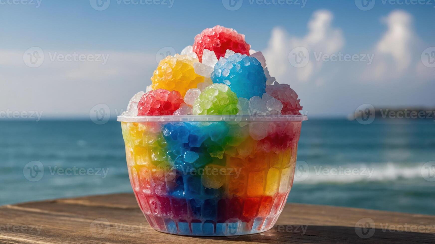 A colorful bowl of shaved ice sits by the ocean, perfect for a refreshing treat. photo