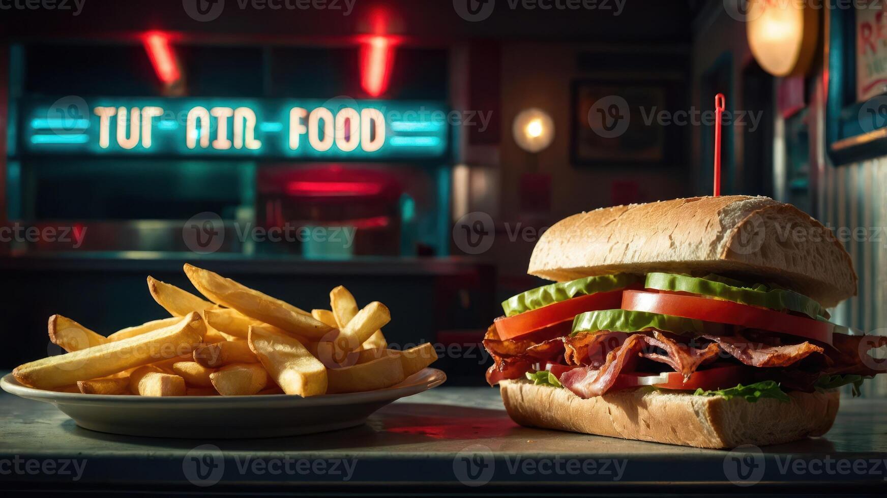 A delicious sandwich with bacon, lettuce, tomato, and pickles served with a side of fries. photo