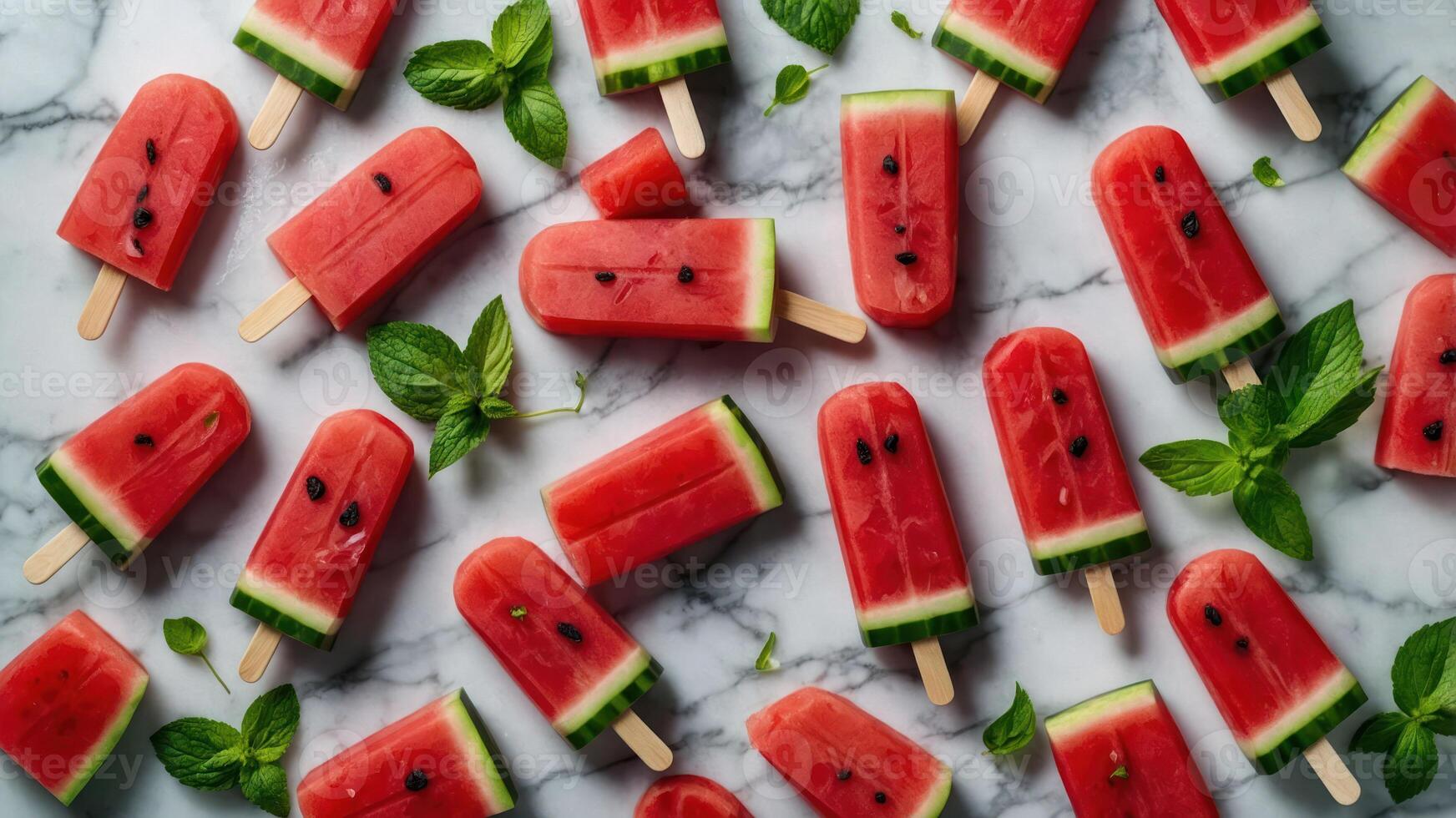 A vibrant display of watermelon popsicles on a marble surface, garnished with mint leaves. photo