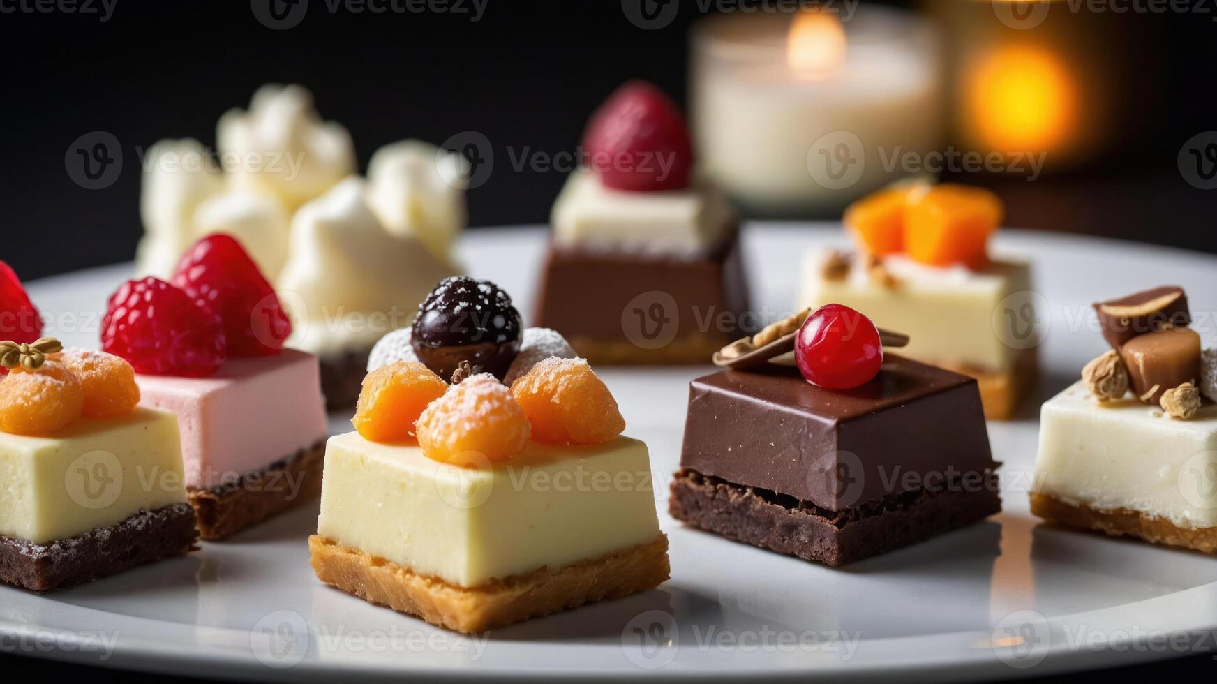 A plate of assorted miniature desserts, featuring various flavors and toppings. photo